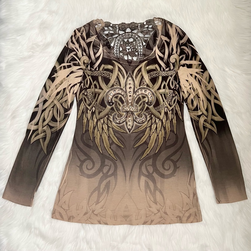 LOVE-T USA Grunge Embellished Long Sleeve Top with Lace Cut Out Back Detail
